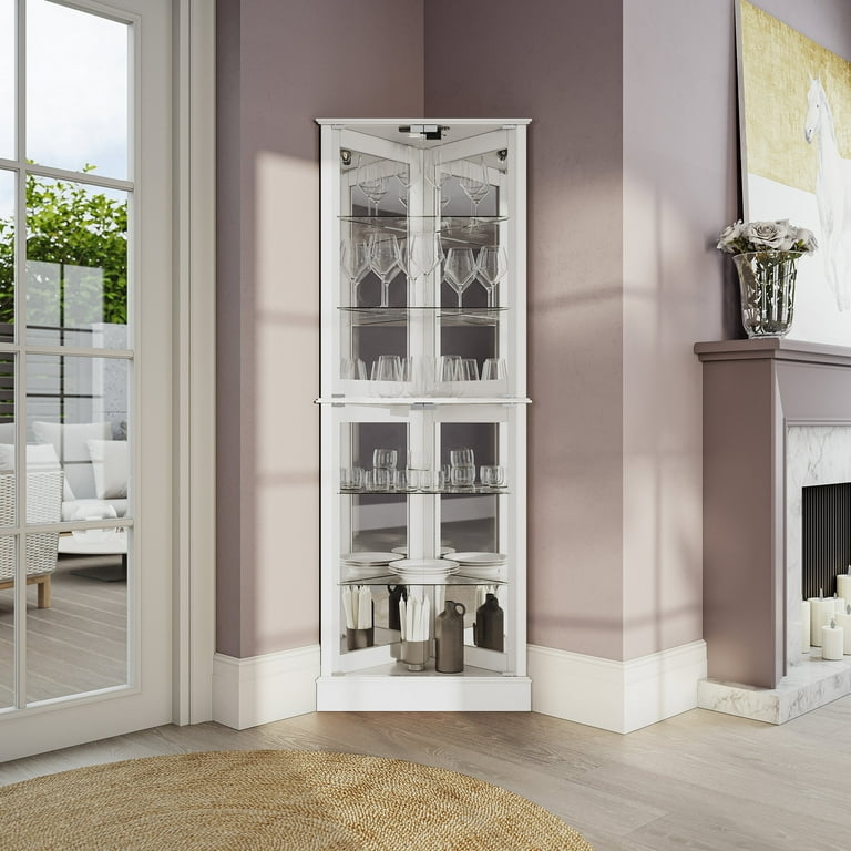 Corner Curio Cabinet Tempered Glass Traditional White China Cabinet