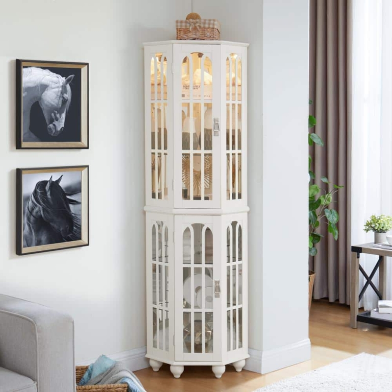 Corner Curio Cabinet Windowpane Lattice Arched Doors Modern Farmhouse