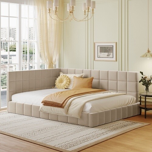 Corner Daybed Warm Beige Grid Tufted L-Shaped Backrest