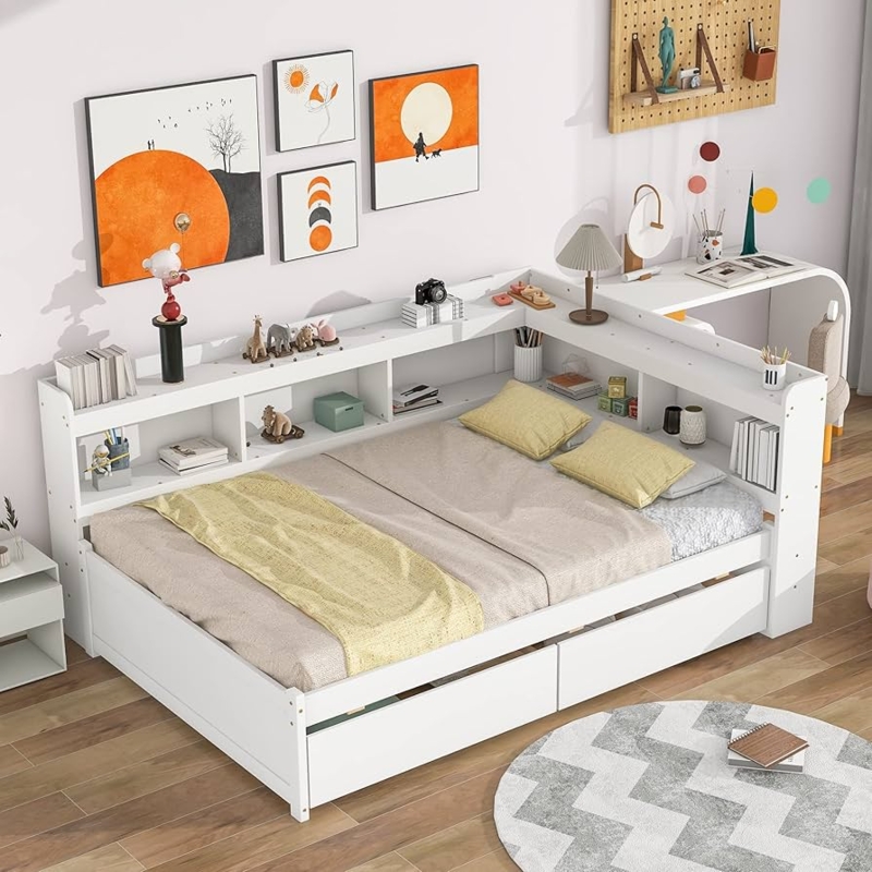 Corner Daybed with Desk, White Scandinavian Modern, L-Shaped Design