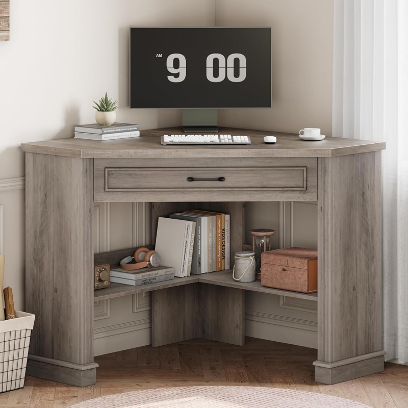 Corner Desk with Tiered Storage Shelves in Weathered Gray