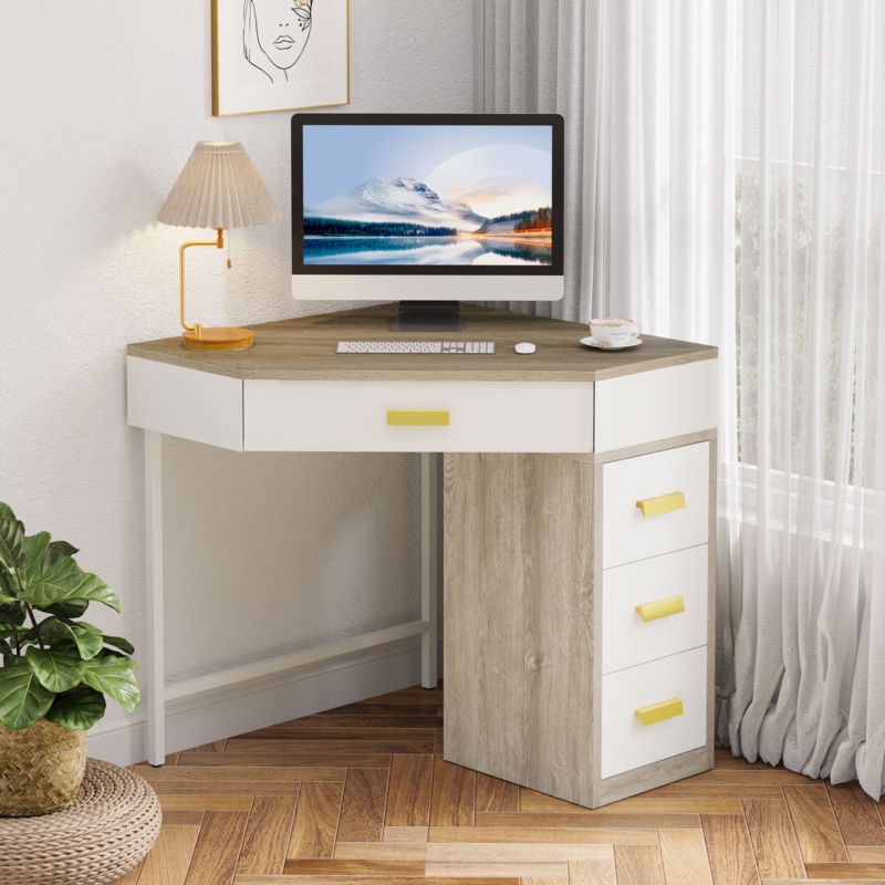 Corner Desk with Yellow Pulls and Triangular Shape