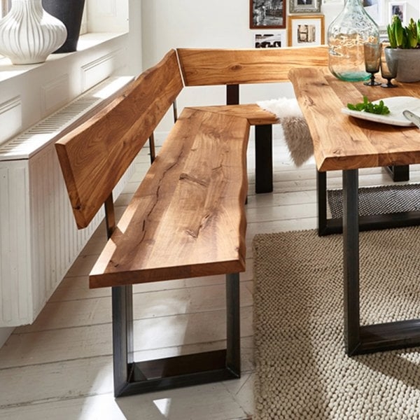 Corner Dining Bench L-Shaped Live Edge Industrial Metal Frame Loft Style