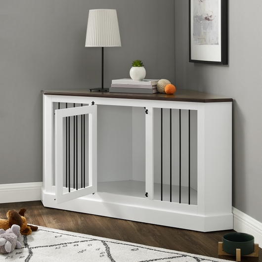 Corner Dog Crate Credenza in White and Walnut Dual Tone Finish
