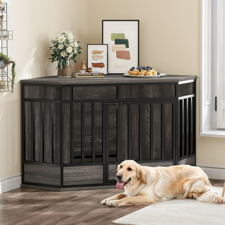 Corner Dog Kennel Table in Charcoal Gray Wood Grain Finish