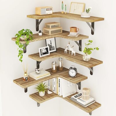 Corner Floating Shelves Slatted Design Tiered Layout Visible Brackets