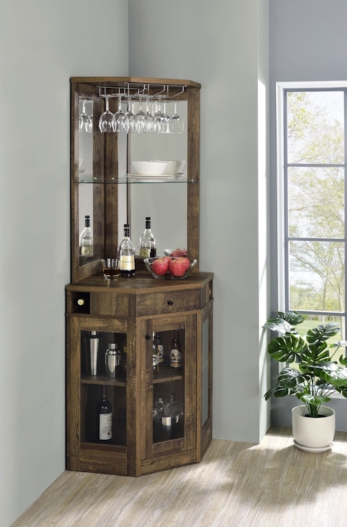 Corner Home Bar Rustic Oak with Mirrored Upper Hutch