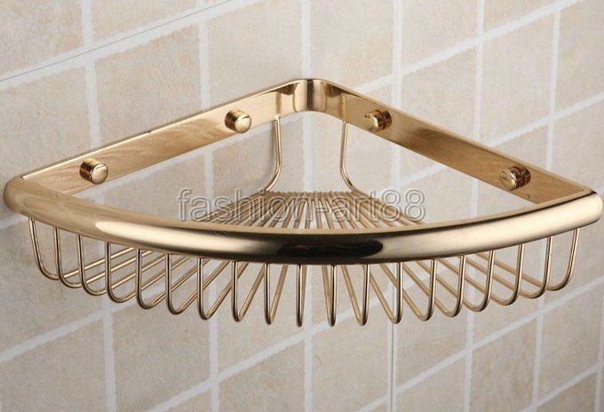 Corner Shower Basket Gold Polished Finish Curved Front Rail Modern Glam