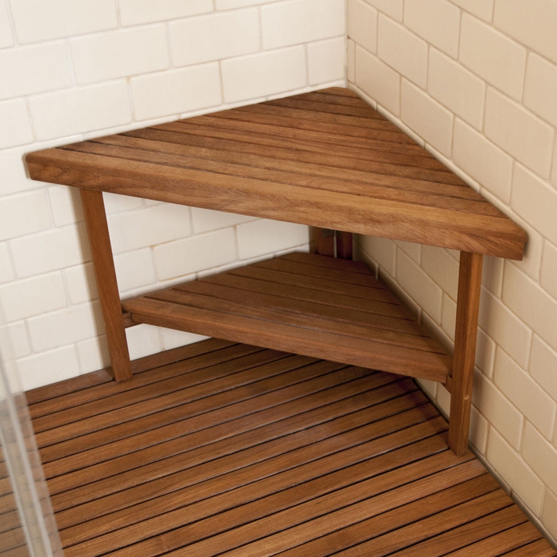Corner Shower Bench Two Tier, Slatted Seat Lower Shelf Drainage Gaps Spa