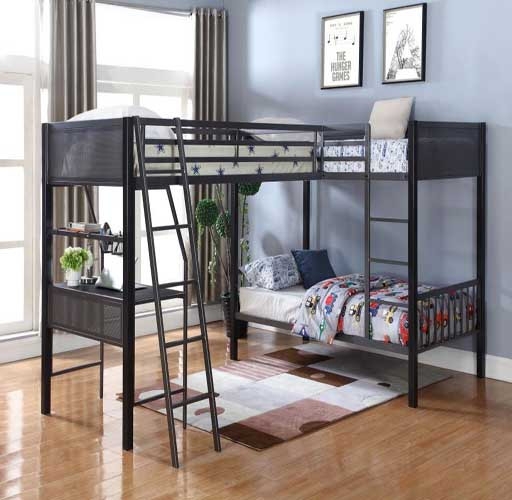 Corner Triple Bunk Bed Black Metal Frame with Mesh Guardrails and Desk