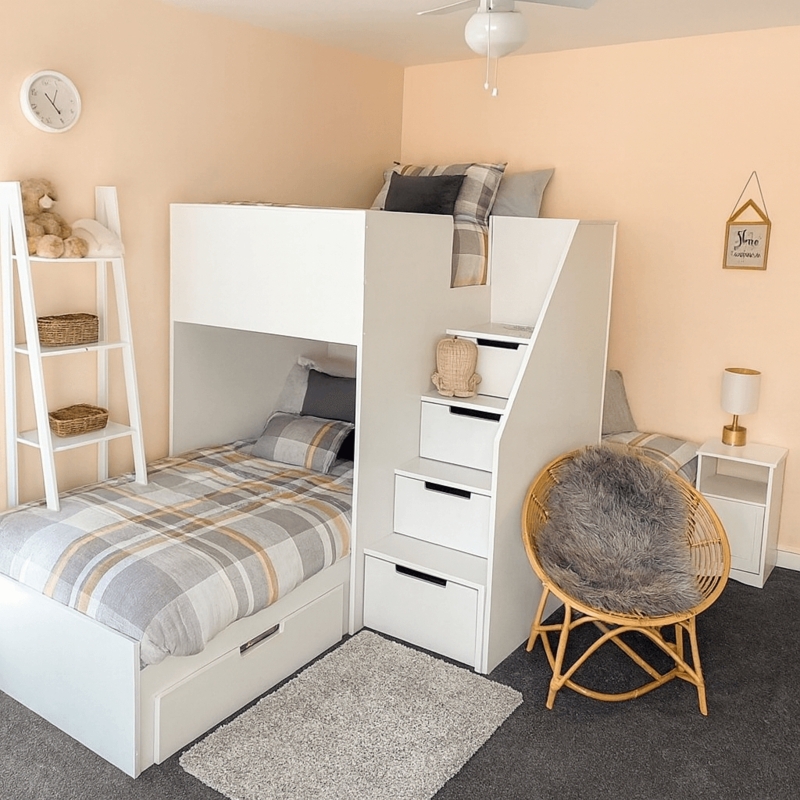 Corner Triple Bunk Bed, White Finish, Storage Stairs and Ladder Shelving