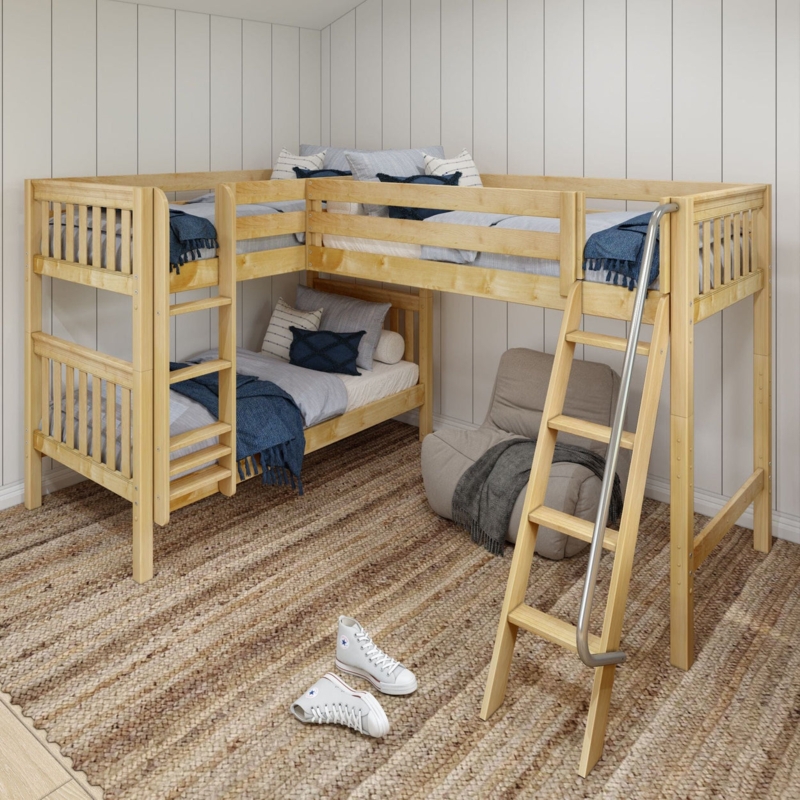 Corner Triple Loft Bunk Bed Natural Wood with Metal Handrail Ladder