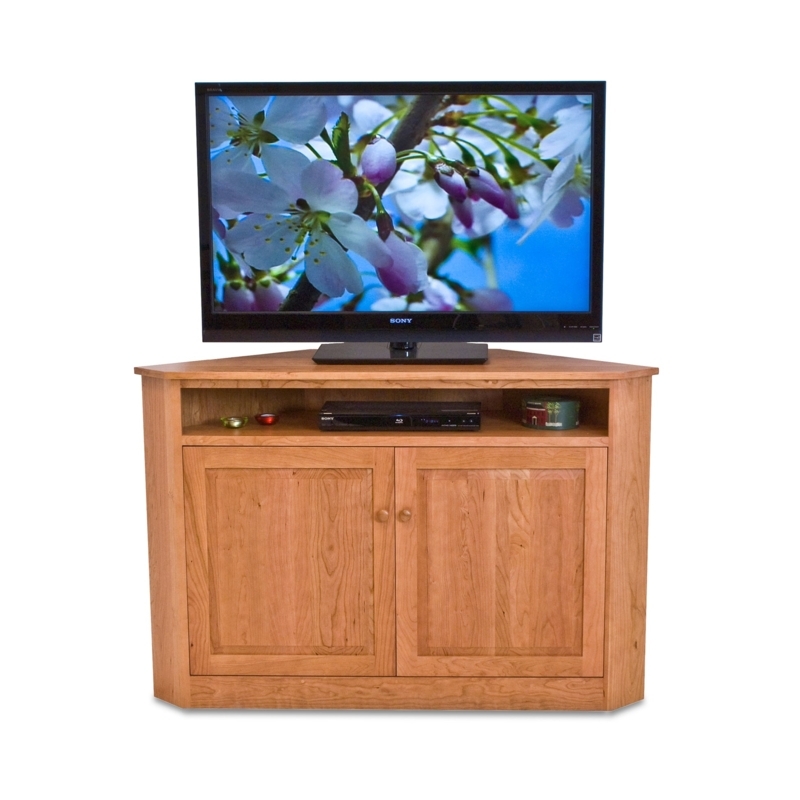 Corner TV Stand featuring Warm Cherry Tone and Recessed Panel Doors