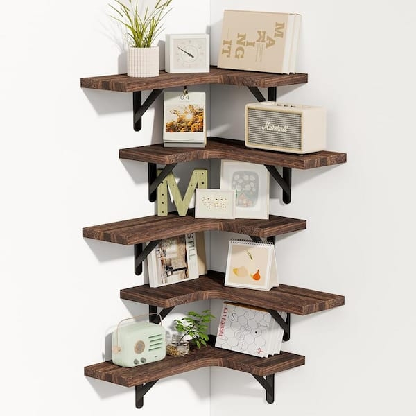 Corner Wall Shelves Set of 5 L-Shaped Dark Brown Wood Grain Industrial