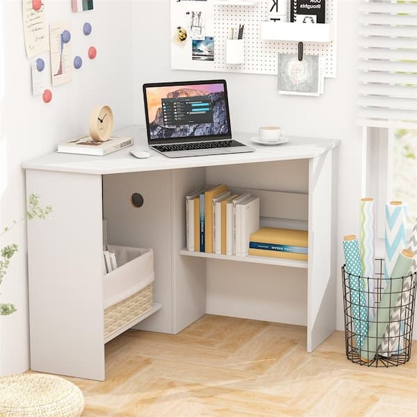 Costway Triangle Corner Computer Desk with Open Shelf and Cable Holes-White