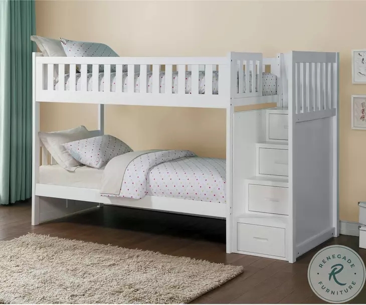 Cottage Bunk Bed with Storage Staircase and Slatted Safety Guardrails