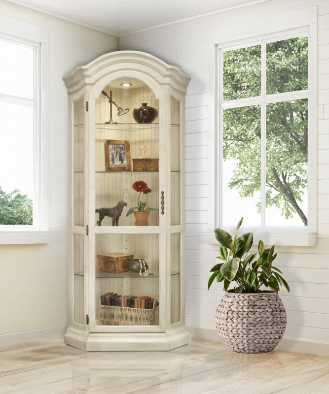 Cottage Chic Corner Curio Cabinet Arched Top Glass Side Panels