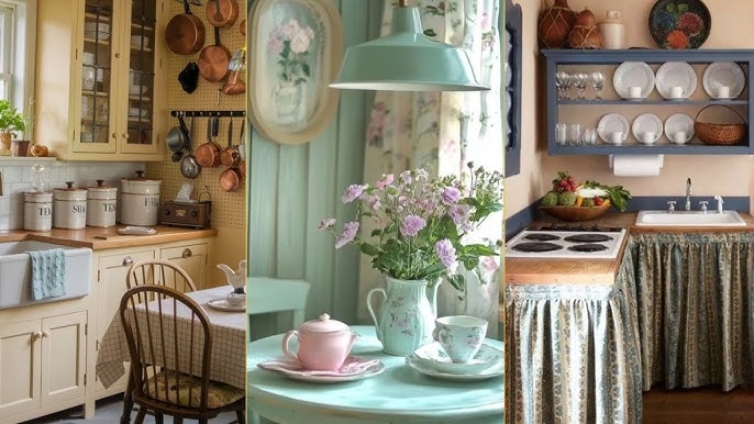 Cottage Kitchen Pastel Palette Skirted Base Cabinets Copper Cookware