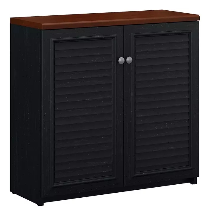 Cottage Style Accent Cabinet with Louvered Doors in Antique Black
