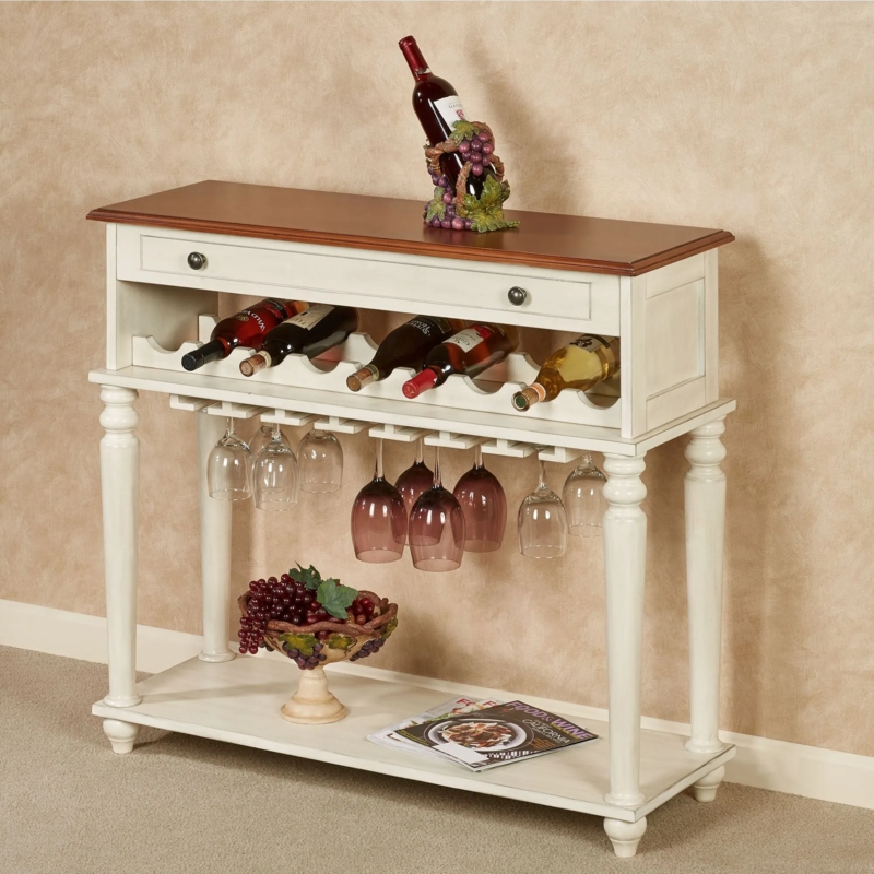 Cottage Style Ivory Wine Storage Table with Turned Legs and Wood Top