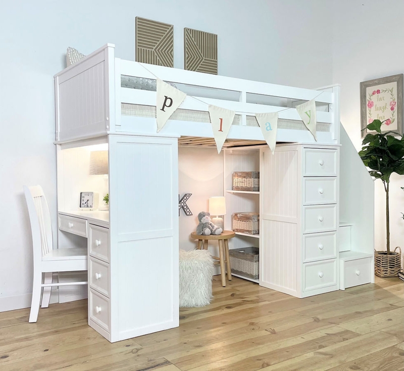 Cottage Style White Loft Bed with Storage Staircase