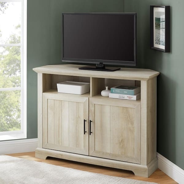 Cottage White Oak TV Stand: Farmhouse Corner Console with Grooved Doors