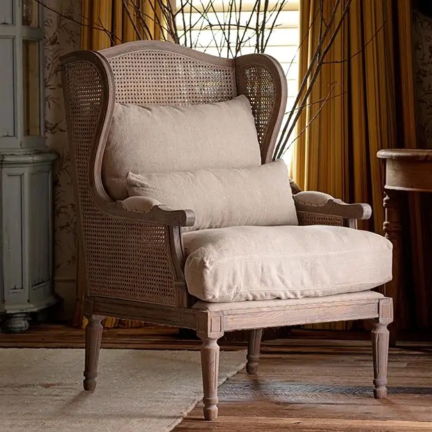 Cottage Wingback Chair Woven Cane Panels Weathered Wood Fluted Legs