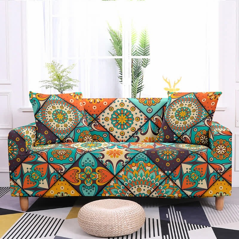 Couch Cover Teal Orange Mandala Print Stretch Retro Maximalism