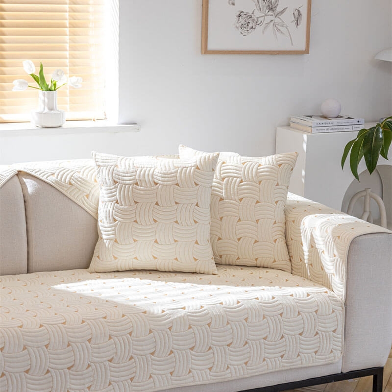 Couch Cover Warm White Weave Pattern Quilted Scalloped Edge Japandi