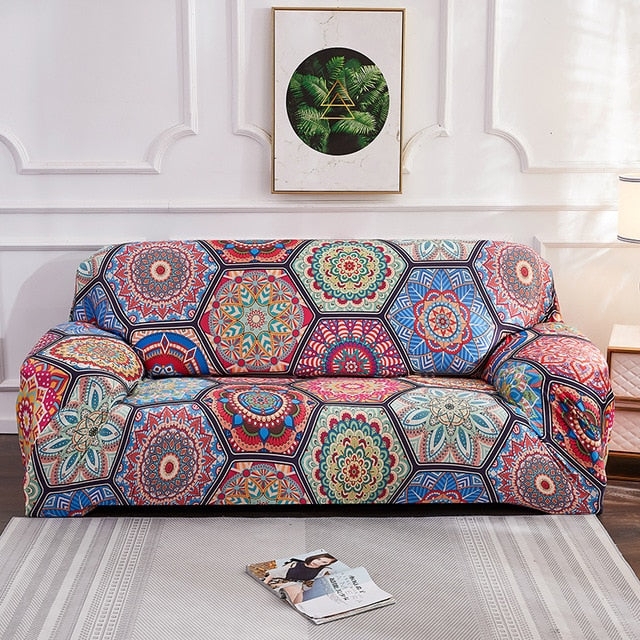 Couch Slipcover Teal Terracotta Mandala Hexagonal Grid Bohemian