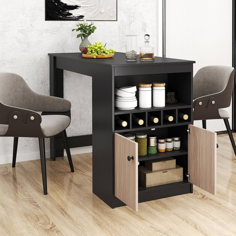 Counter Height Bar Table Matte Black with Built In Storage Cabinet