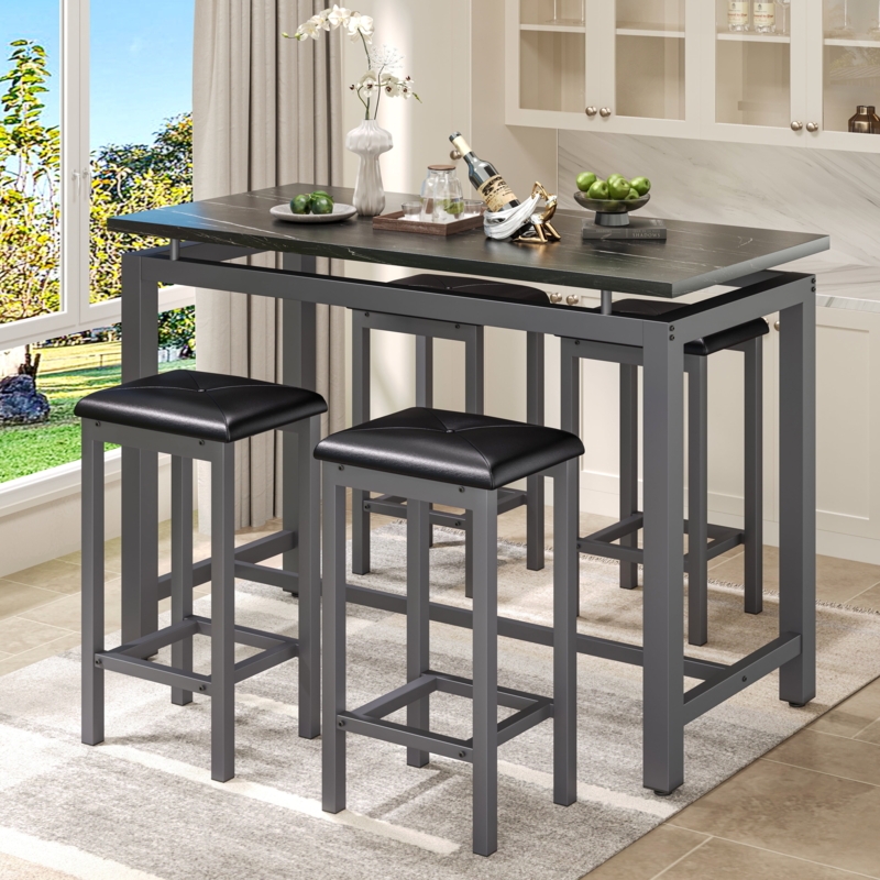 Counter Height Dining Set: Black Marble Pattern Top, Tufted Stools