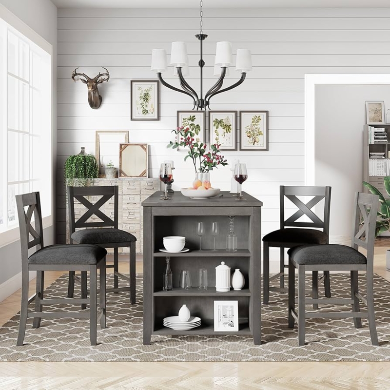 Counter Height Dining Set Gray Wood Finish Integrated Shelving X Back