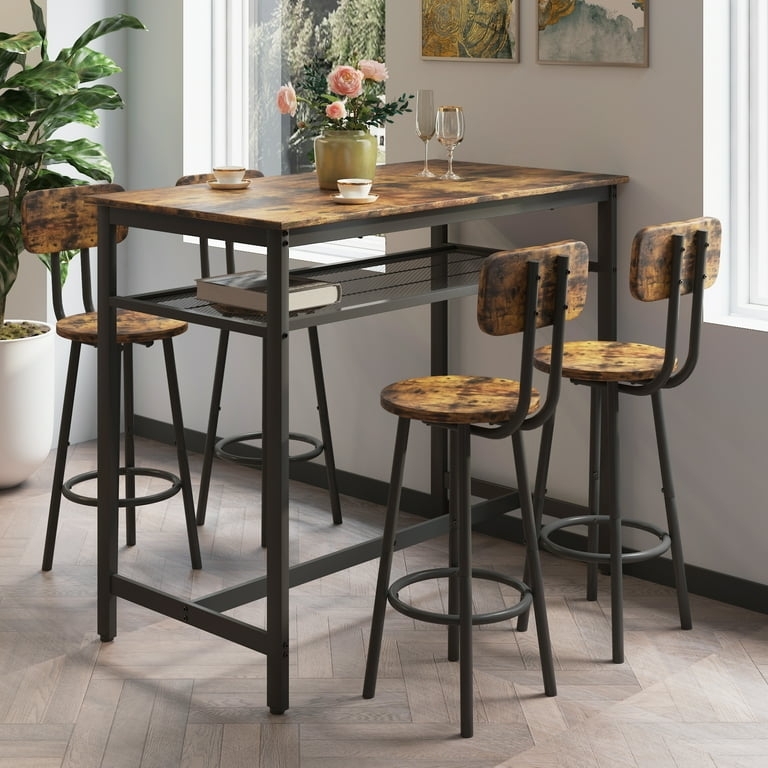 Counter Height Dining Set Mesh Storage Shelf Distressed Finish