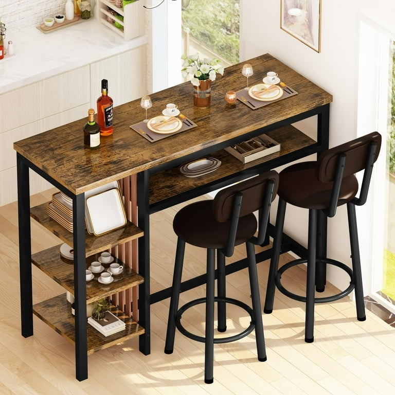 Counter Height Storage Table Rustic Brown Under Top Shelf Curved Backrest