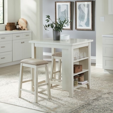 Counter Set Nailhead Trim Side Storage Shelves Antique White Stools