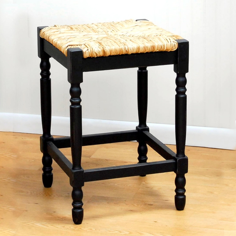 Counter Stool Antique Black Turned Legs Backless Handwoven Seat