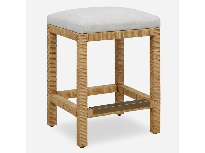 Counter Stool Backless Silhouette Full Rattan Wrap Brass Footrest Plate