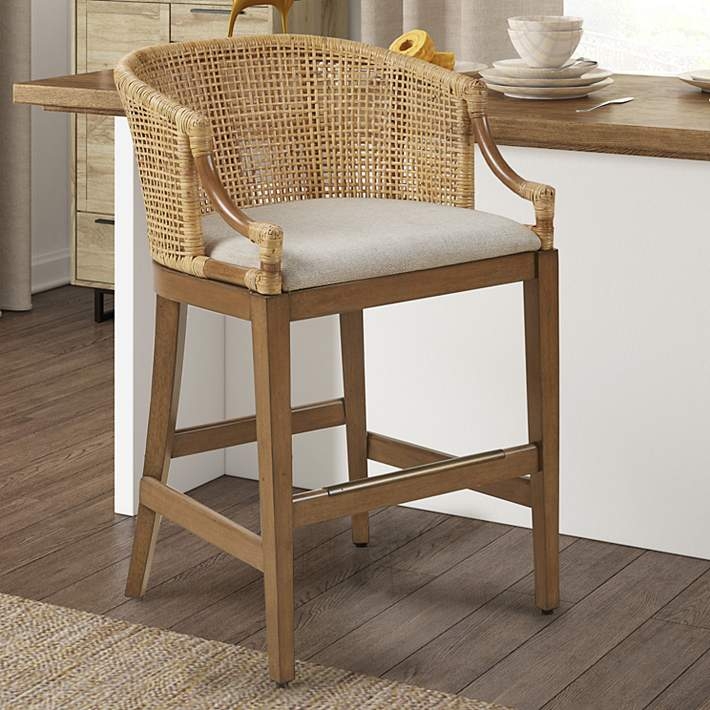 Counter Stool Barrel Silhouette Square Weave Rattan Metal Footrest