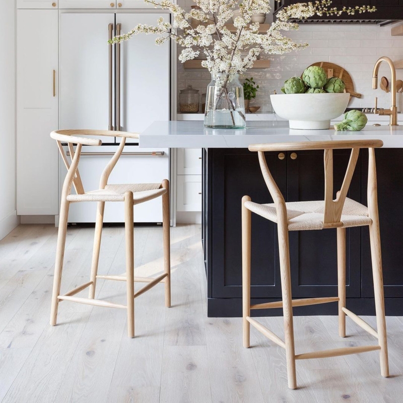 Counter Stool, Blonde Wood Wishbone Frame with Woven Cord Seat.