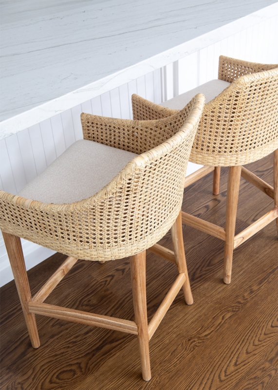 Counter Stool Bucket Seat Silhouette Woven Rattan Back Perimeter Footrest