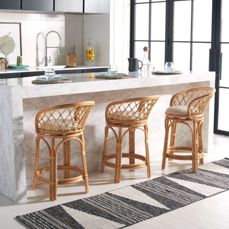 Counter Stool Diamond Lattice Back Curved Barrel Shape Rattan Cane