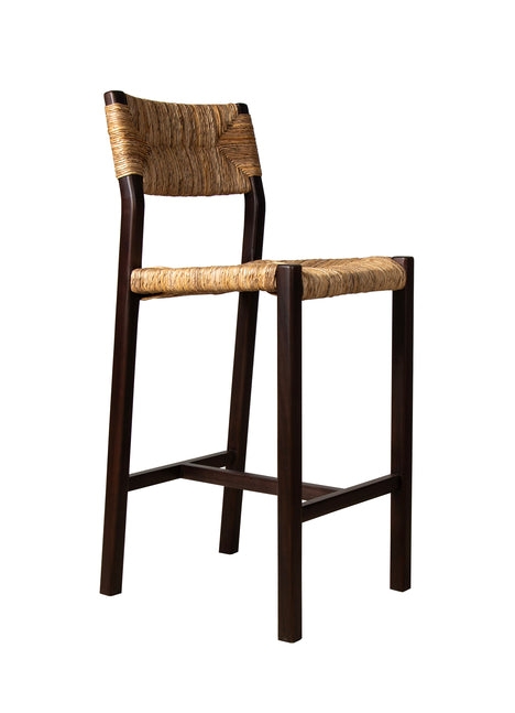 Counter Stool Espresso Wood Woven Rush Back Organic Modern Style