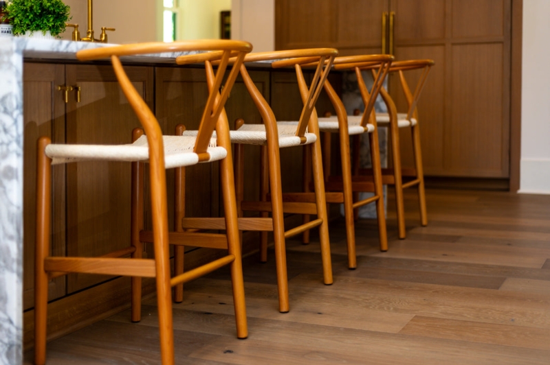 Counter Stool, Honey Oak Wishbone Frame with Woven Cord Seat.