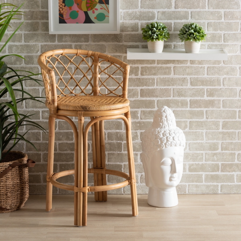 Counter Stool Lattice Backrest Bundled Legs Rattan Boho Style