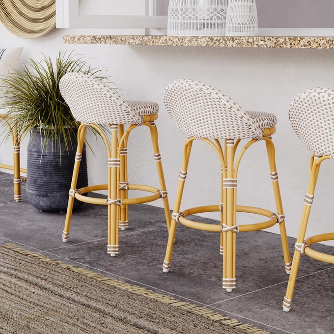 Counter Stool Low Back Woven Check Pattern White Contrast Binding