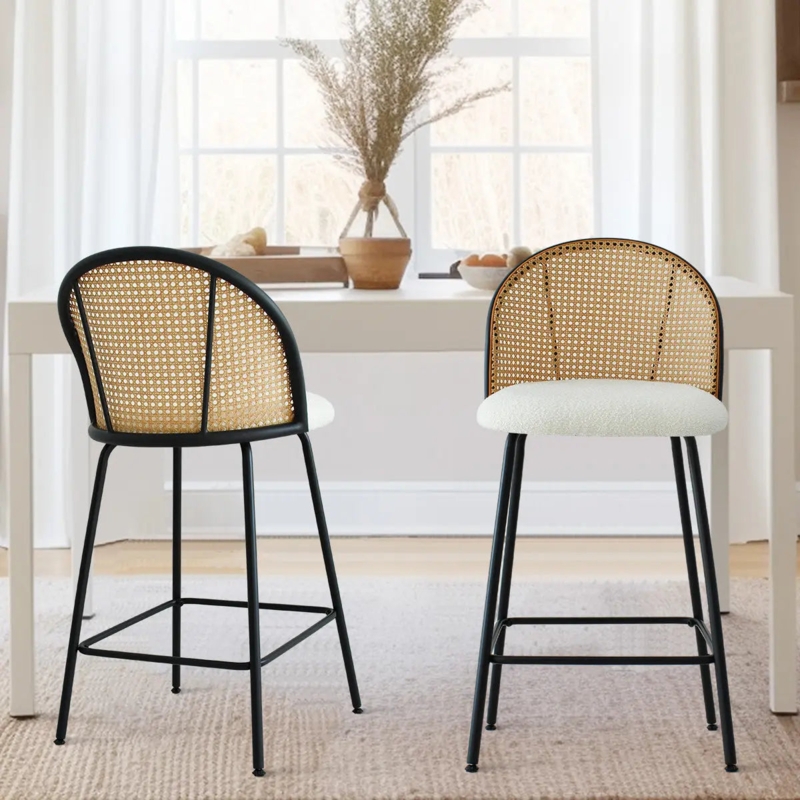 Counter Stool Matte Black Frame Woven Mesh Back Integrated Footrest