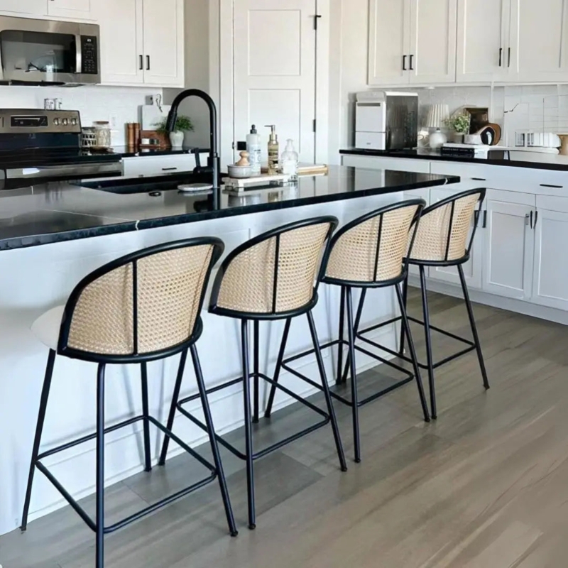 Counter Stool Matte Black Metal Curved Silhouette Rattan Backrest