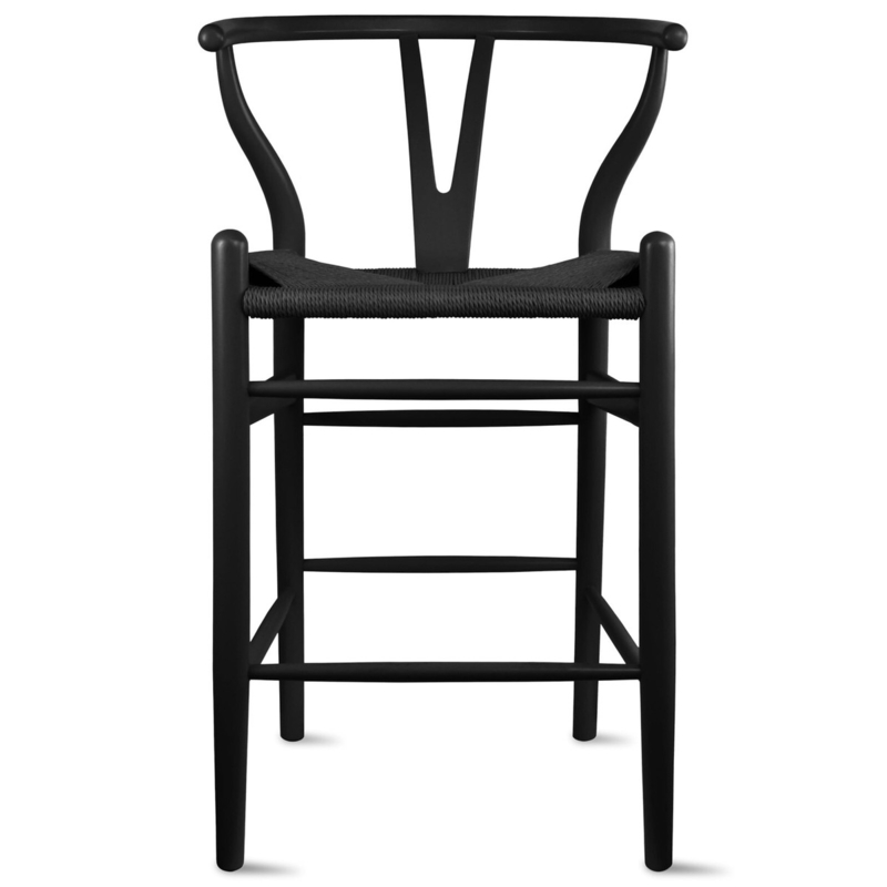 Counter Stool, Monochromatic Matte Black Wishbone with Woven Seat.