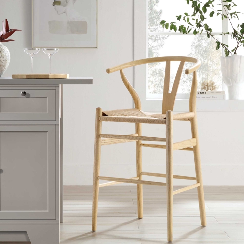 Counter Stool, Natural Light Wood Y-Back with Woven Fiber Seat.